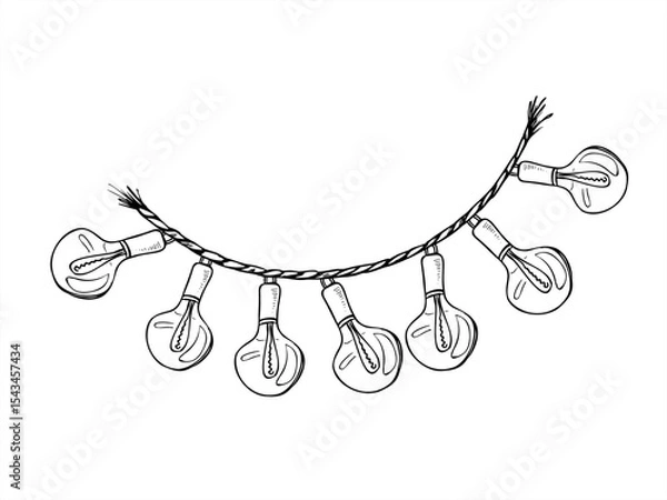 Fototapeta Monochrome light bulb garland on rope vector illustration painted by black inks. Christmas, Diwali, Chinese New Year, and Mexican festival decor. For holiday design, wedding backdrop, party invite
