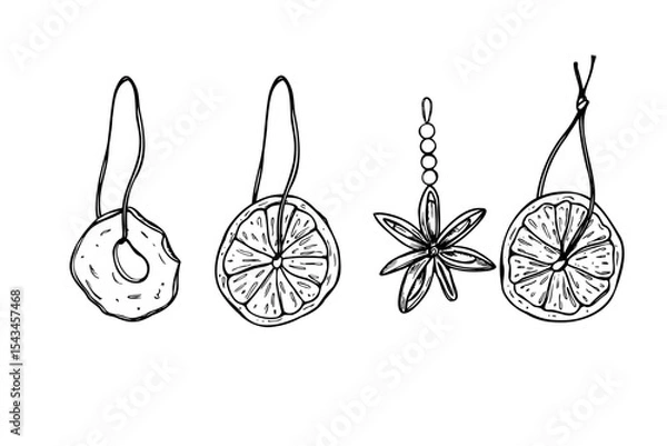 Fototapeta Dried apple and orange slices, anise stars hanging on strings black and white vector set. Handmade winter fruit decor for Scandinavian Christmas, eco friendly holiday ornament, rustic tree decorations