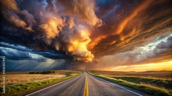 Fototapeta A Dramatic Sunset Sky Over a Long, Straight Highway Through Rolling Fields