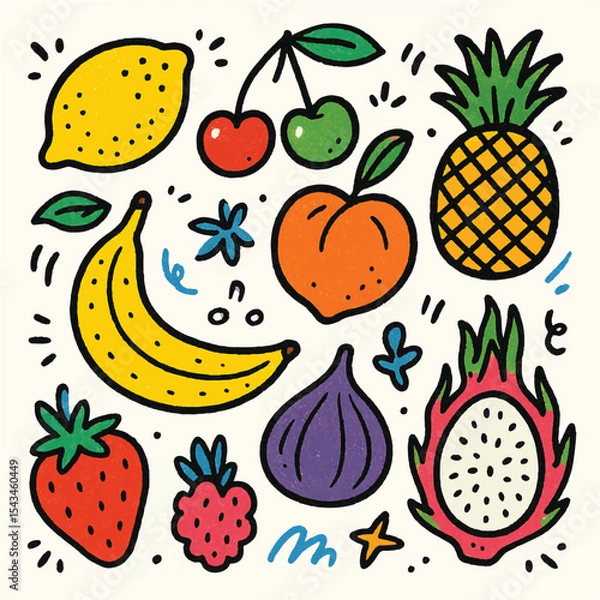 Fototapeta Seamless pattern of fresh, healthy fruits including apple, strawberry, orange, banana, cherry, pineapple, lemon, watermelon, kiwi, grape, and plum