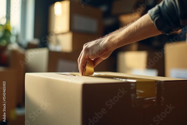 Fototapeta Person Sealing a Cardboard Box