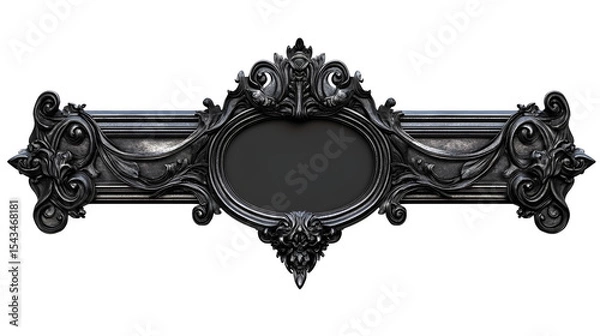 Fototapeta Photorealistic render of a heavy, cast iron style photo frame, ornate details, dark aged finish, horizontal orientation, empty center, isolated on Transparent background