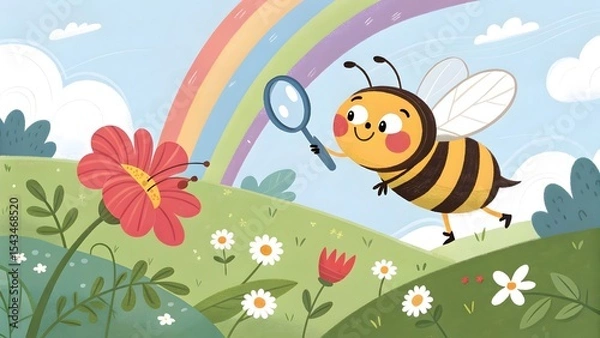 Fototapeta Smiling Bee Exploring Flower with Magnifying Glass