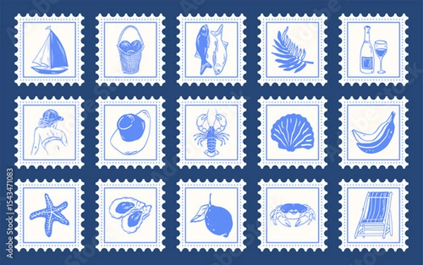 Obraz Vintage Italian mediterranean summer stamps. Hand drawn retro frame border element design. Engraving emblem, placard or poster.