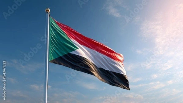 Fototapeta Flying flag of Sudan waving against a clear blue sky during daytime