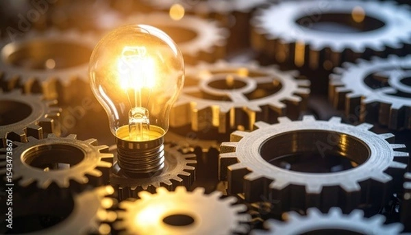 Fototapeta Illuminating Innovation: A luminous light bulb shines brightly, symbolizing creativity and innovation, positioned amid an intricate arrangement of interlocking gears.