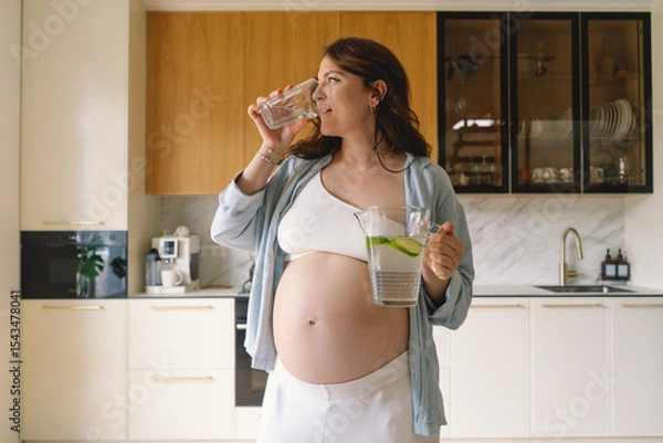 Fototapeta In a contemporary kitchen, a pregnant woman with a joyful expression holds a pitcher filled with water and a glass. Bright light enhances her radiant smile as she enjoys hydration.
