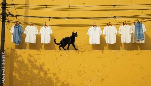 Fototapeta Monochrome Cat Illustration Yellow Wall, Laundry, Power Lines
