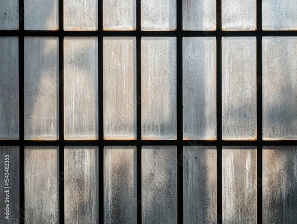 Fototapeta Frosted window panes with metal grid frames, showing condensation and soft light filtering through.