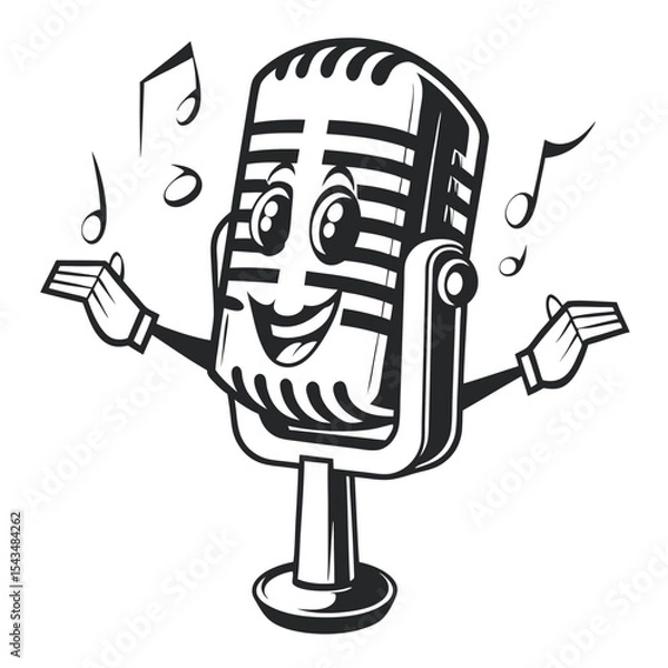 Fototapeta Cartoon Microphone Mascot with Smiling Face and Arms Up, Musical Notes around the Microphone, Black and White Vector Illustration for Audio or Entertainment