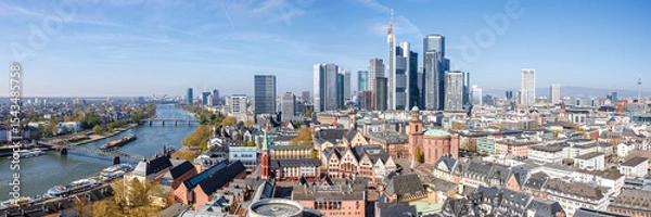 Fototapeta Frankfurt skyline skyscrapers in city center with the Römer and Main river from above panorama in Frankfurt, Germany