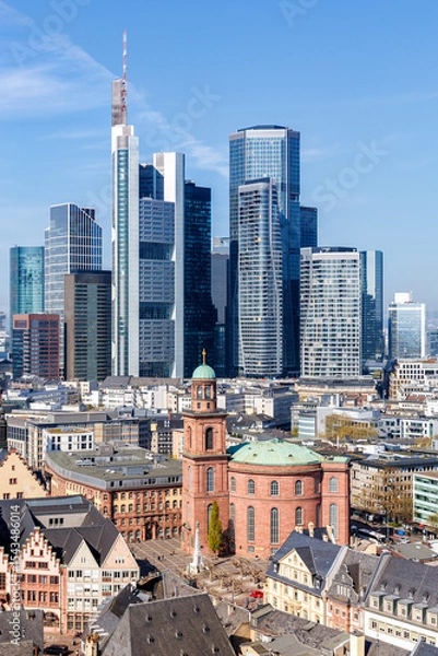 Fototapeta Frankfurt skyline skyscrapers in city center with the Römer portrait format from above in Frankfurt, Germany