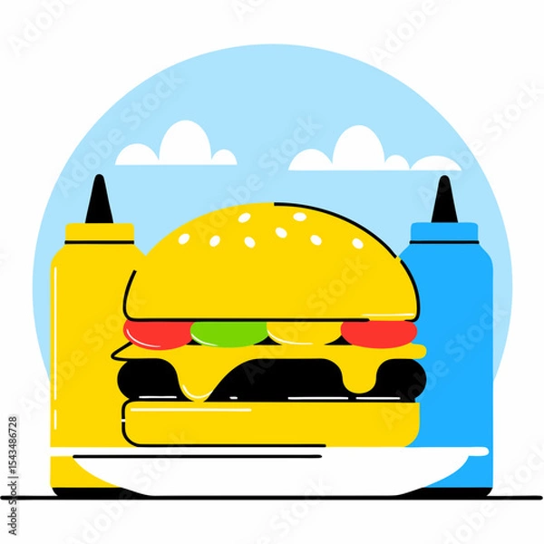 Obraz Burger icon with condiments and flat blue sky