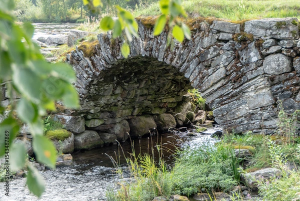 Fototapeta A detailed view of a historic stone arch bridge with moss-covered rocks and flowing water beneath. The structure showcases traditional craftsmanship and blends naturally into the lush greenery.