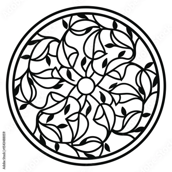 Fototapeta Delicate Floral Vine Mandala in a Circle: Intricate Vector Illustration of Intertwined Leaves and Branches with Center Point for Design, Logo, or Decorative Element