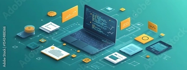 Obraz Isometric View of Interconnected Digital Devices and Data Stream