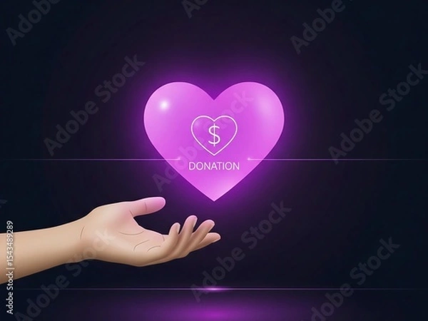Fototapeta Dark mode background generative ai image with glowing heart symbol, outstretched hands, elegant donation icon, minimal lines and gradients