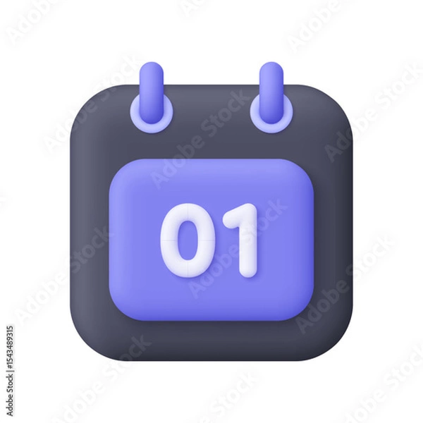 Obraz Black purple calendar with 1th day of the month. Time management, planning, deadline and event schedule concept. 3d vector icon. Cartoon minimal style.