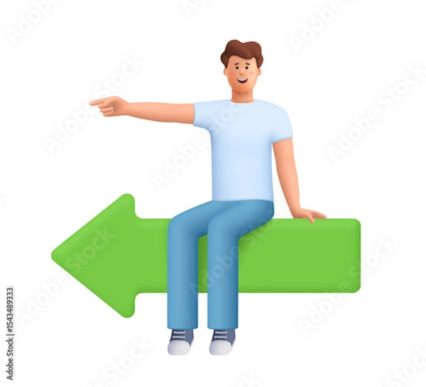 Obraz Young smiling man James sitting on a large green arrow signboard and pointing left direction. Business decision, work direction and leadership. 3d vector people character. Cartoon minimal style.