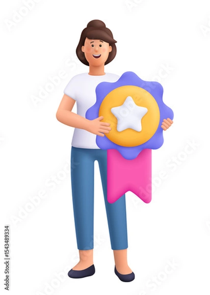 Obraz Young smiling woman Jane holding a large medal with star and ribbon. Leadership, reward, achievement, success and winning concept. 3d vector people character. Cartoon minimal style.
