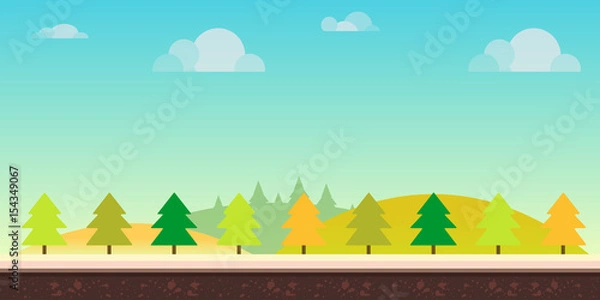 Obraz Seamless cartoon nature landscape. Hills, trees, clouds and sky,background for games mobile applications and computers. Vector illustration for your design