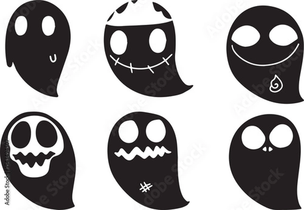 Fototapeta Minimalist ghost illustrations, simple black and white ghost shapes, spooky supernatural entities, stylized paranormal symbols cartoon ghosts, minimalist ghosts, simple ghosts, Halloween ghosts