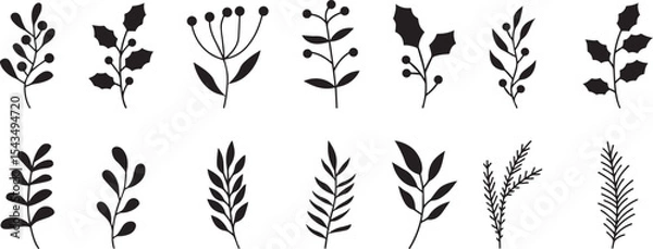 Fototapeta collection of various botanical silhouette vibrant green leave, intricate plant elements. minimalist floral patterns, natural compositions, abstract plant designs, decorative greenery