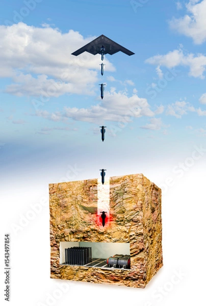 Obraz B-2 Spirit, Stealth Bomber and  GBU-57 MOP, missile that hits underground bunker at Fordow Fuel Enrichment Plant, 3d rendering