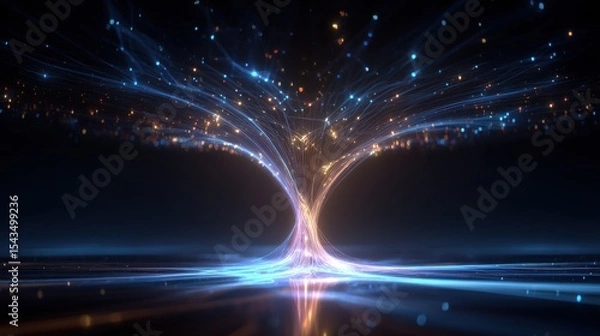 Fototapeta Glowing digital funnel of data nodes in blue void with neon lighting and circuit connections