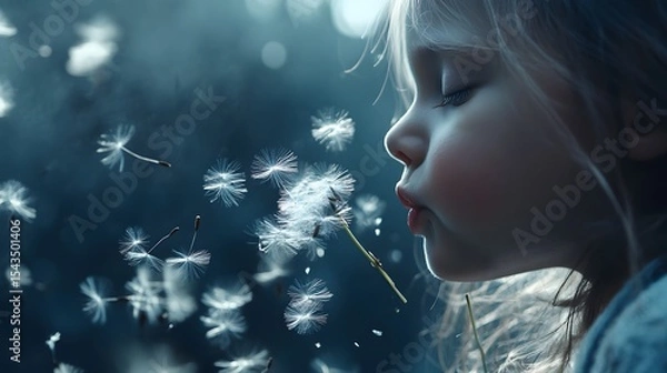 Obraz Child blowing dandelion seeds.