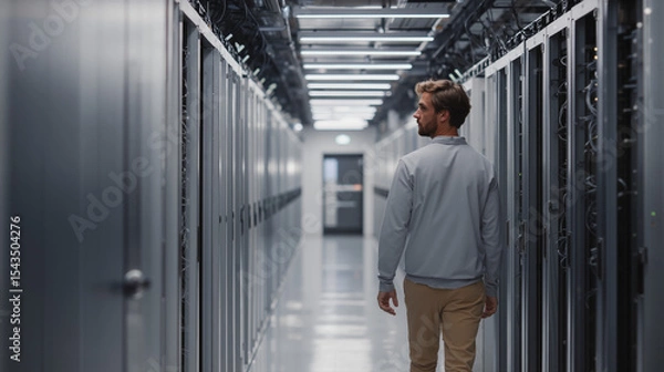 Fototapeta Man walking through a high-tech server room corridor, surrounded by racks of data servers in a secure and modern data center facility.