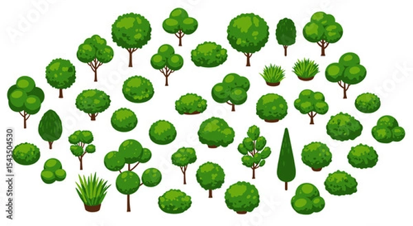 Fototapeta Diverse collection of cartoon green trees and bushes for nature design projects isometric style vector illustration