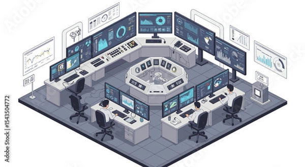 Fototapeta Advanced security operations center with monitors and control panels for cybersecurity management isometric style vector illustration