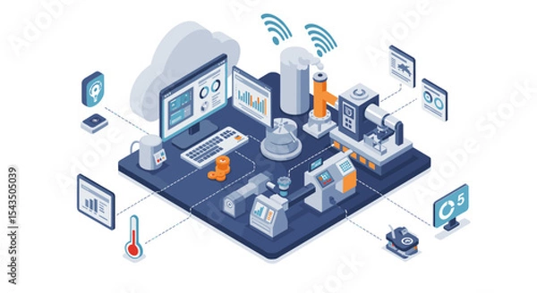 Fototapeta Smart factory automation with iot technology and data analytics for efficient manufacturing isometric style vector illustration