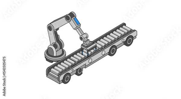 Fototapeta Automated manufacturing process with robotic arm and conveyor system for industrial production isometric style vector illustration