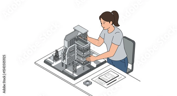 Fototapeta Architectural model building in progress by female architect for educational project design isometric style vector illustration