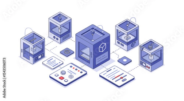 Fototapeta Network of 3d printers with interactive controls for efficient manufacturing process isometric style vector illustration