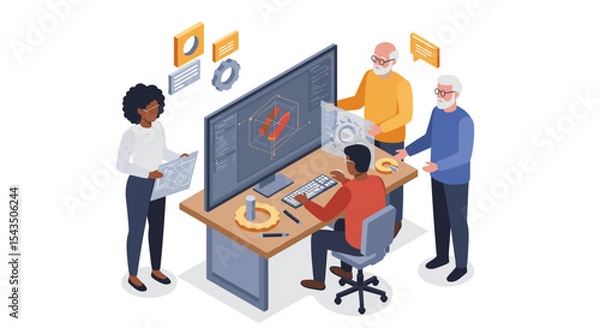 Fototapeta Collaborative team discussing engineering project with digital tools for technical design and innovation isometric style vector illustration