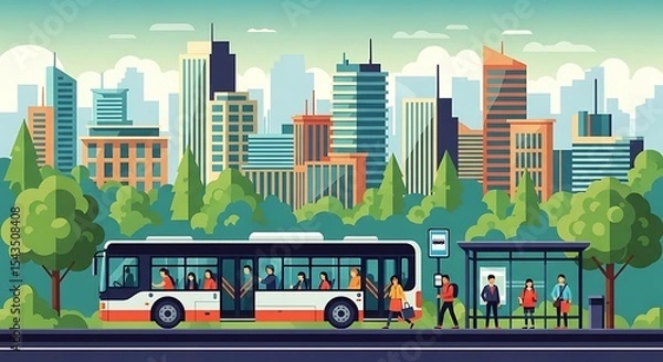 Fototapeta "Urban Transportation Scene – Flat Vector Illustration with Bus and City Life"

