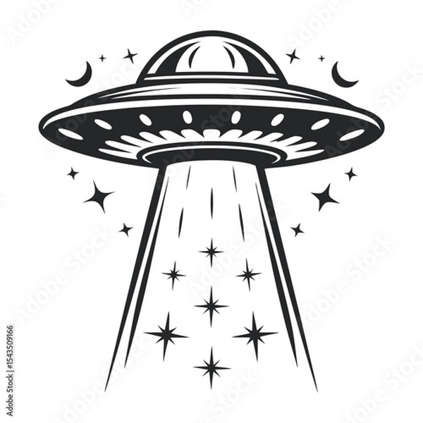 Fototapeta Monochrome UFO with Beam and Stars: Graphic Illustration of Flying Saucer with Cosmic Celestial Elements, Perfect for Retro Sci-Fi or Space Design Projects