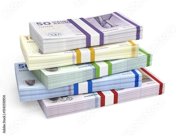 Fototapeta Stack of Danish krone banknotes in various denominations