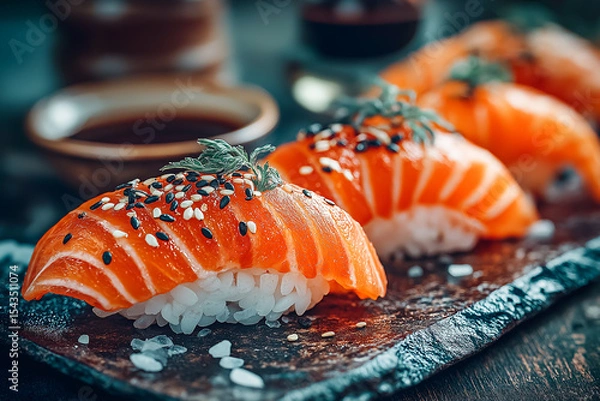 Obraz Salmon Nigiri: Fresh slices of raw salmon served on a bed of vinegared rice, seasoned with sesame seeds and a sprig of fresh herbs.