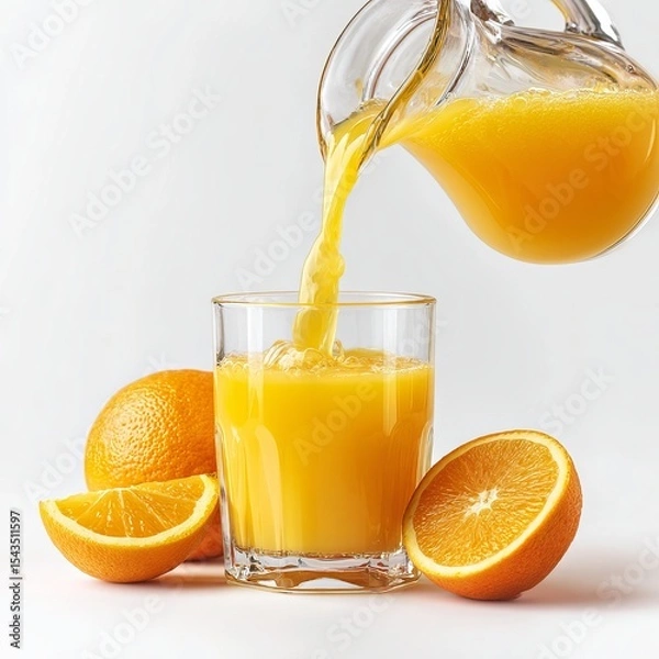 Fototapeta Fresh orange juice being poured into a glass with several oranges beside it. The orange juice is a vibrant color, suggesting a burst of citrus flavor