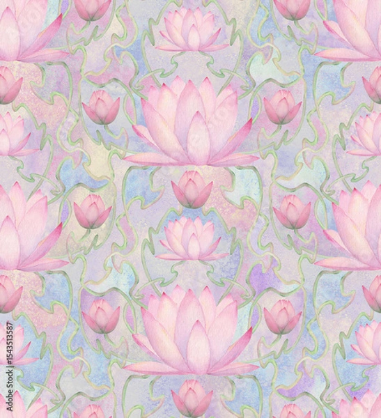 Obraz Watercolor lotus water lilies in art nouveau style