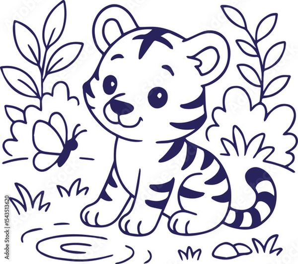 Fototapeta Cute tiger cub sitting by pond with butterfly in line art style