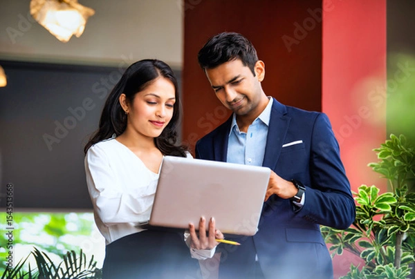 Fototapeta Walking indoors celebrating with laptop, Indian business team cheers with energy and confidence