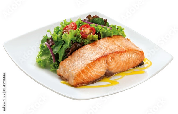 Fototapeta prato com salmão grelhado acompanhado de salada de folhas verdes e tomate cereja isolado em fundo transparente