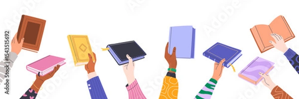 Obraz Book exchange or bookcrossing web banner. Human hands holding various books on white background. Literature event, book club, World Book Day, Back to School. Education and knowledge concept. Vector.
