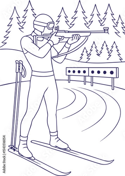 Fototapeta Biathlon athlete aiming rifle in snowy forest line art style