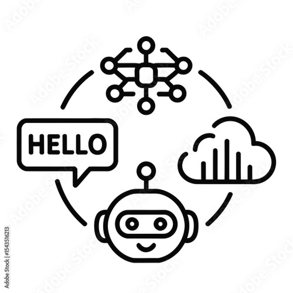 Fototapeta  Black and white line art illustration of minimalist AI icons in circular layout with chatbot centerpiece